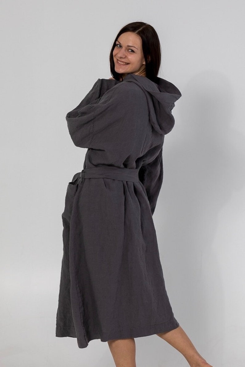 LINEN ROBE SHIRLEY with Hood ,belt and buttons . linen loungewear, linen dress, linen sleepwear. image 7