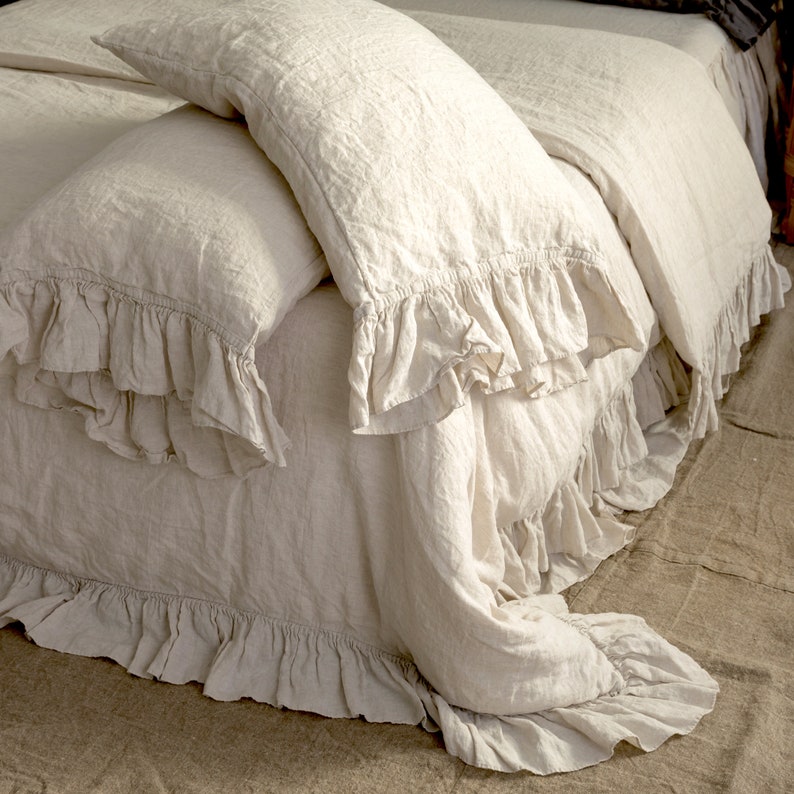 SALE 40% Ready to ship. Shabby Chic linen duvet cover with ruffles in color oatmeal image 3