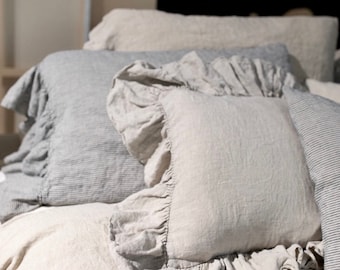 LINEN PILLOW CASE with  ruffles , linen pillow covers, pillow shams  shabby chic , farmhouse  Queen , King, Standard size . Euroshams