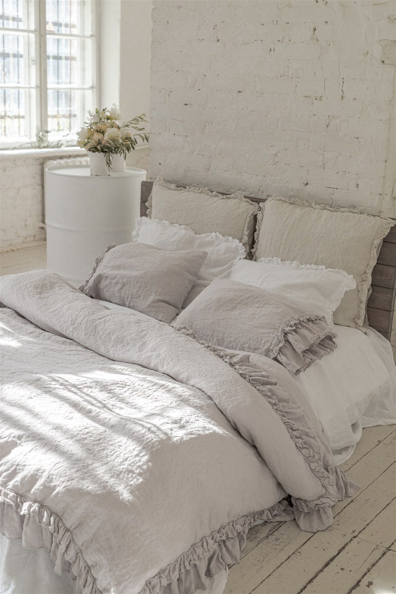 LINEN DUVET COVER. Rustic style ruffle duvet cover with double ruffles all around. image 9