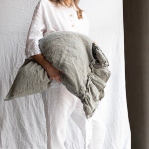LINEN PILLOWCASE with  ruffles , shabby chic linen pillow cover. Queen , King, Standard size . Euroshams. MOOshop.