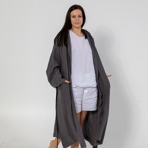 LINEN ROBE SHIRLEY with Hood ,belt and buttons . linen loungewear, linen dress, linen sleepwear. image 8