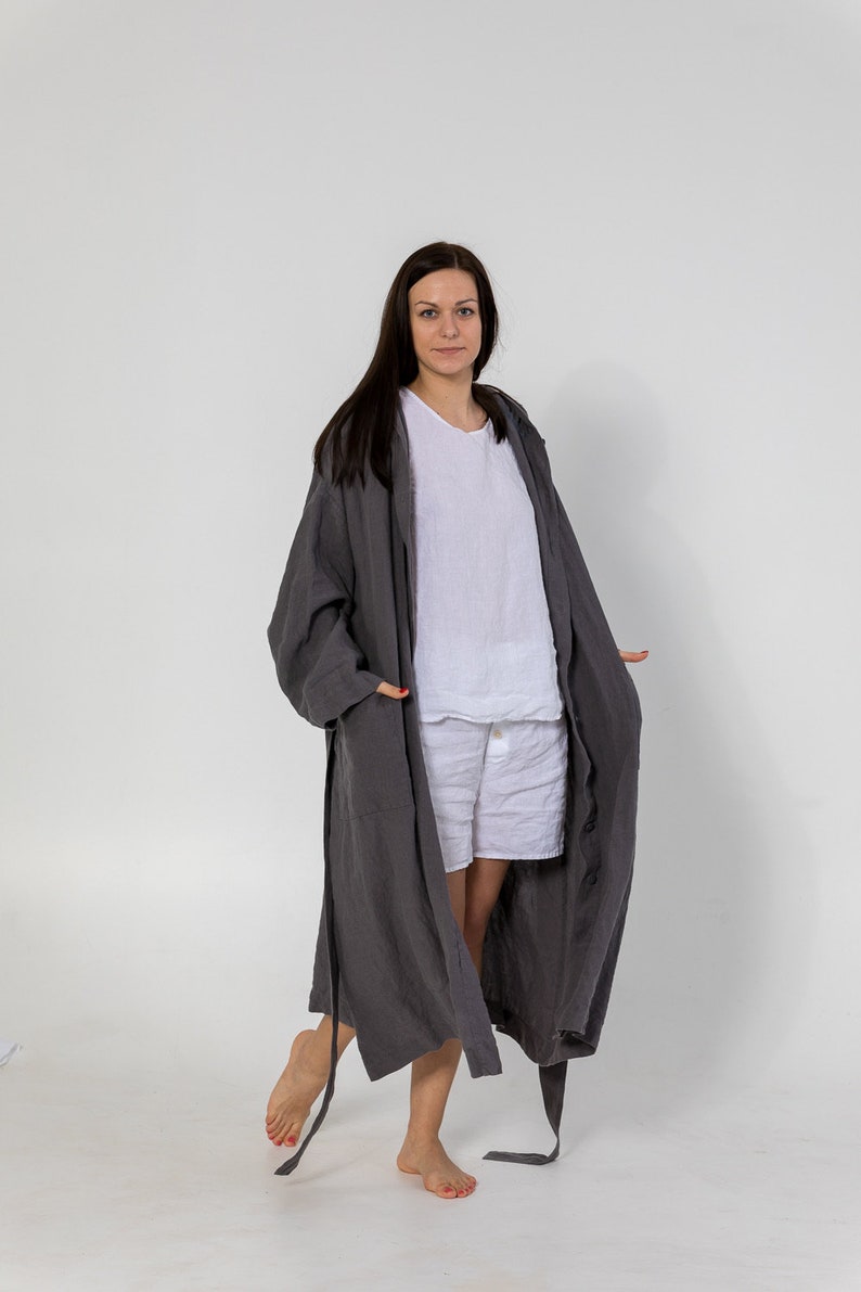 LINEN ROBE SHIRLEY with Hood ,belt and buttons . linen loungewear, linen dress, linen sleepwear. image 8