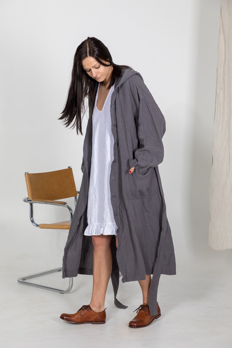 LINEN ROBE SHIRLEY with Hood ,belt and buttons . linen loungewear, linen dress, linen sleepwear. image 2