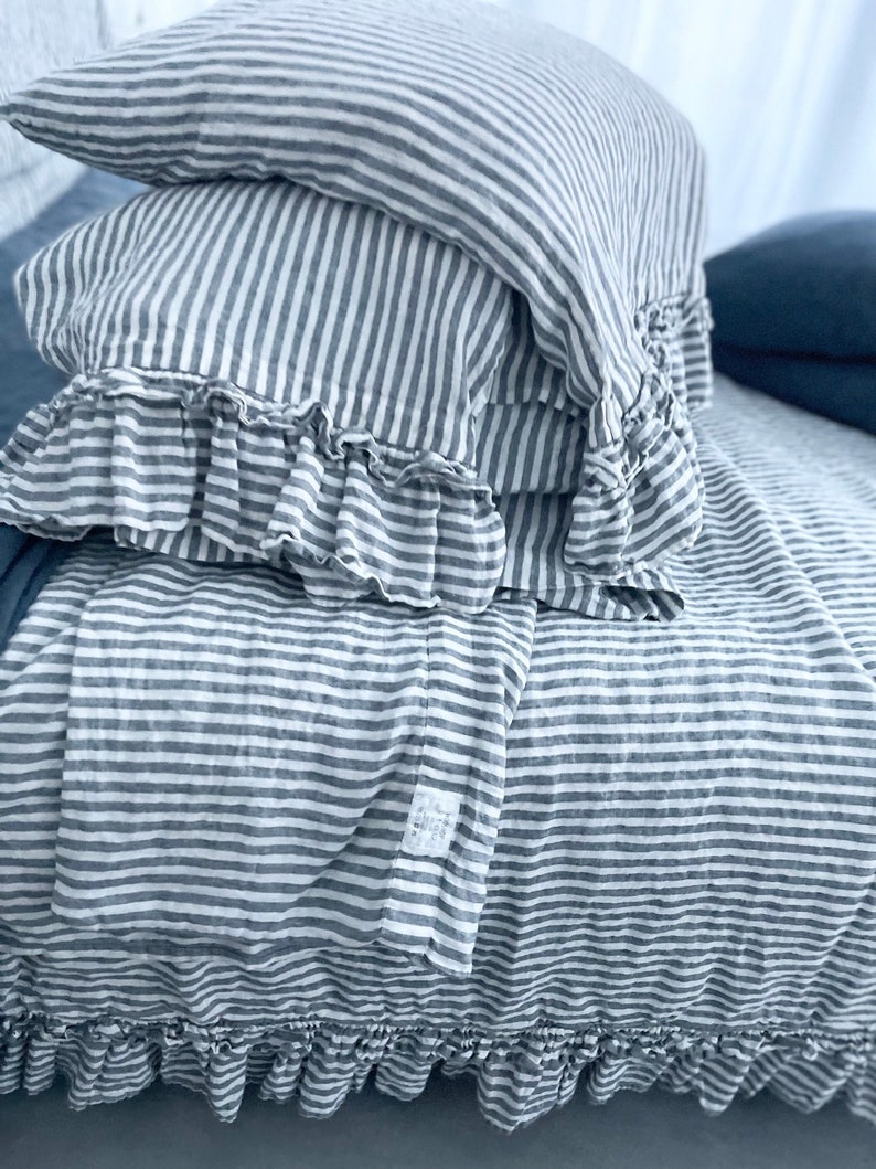 SALE / Queen size duvet cover with ruffles plus 2 standard pillowcases / in color blue stripes image 7