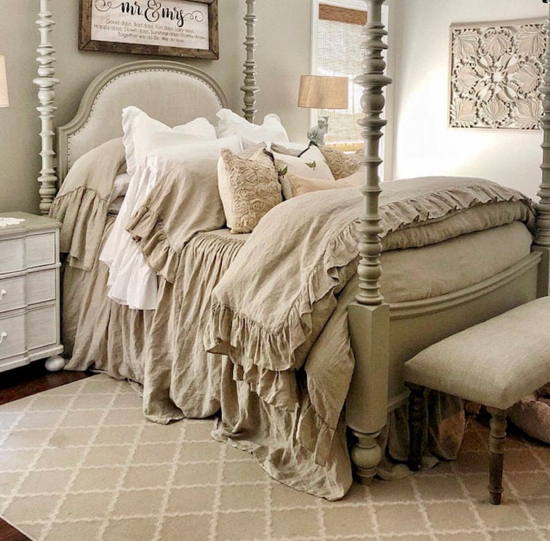 Copripiumino in lino, lino shabby chic, finta volant di lino, Regina, Re, Doppia, Completo, Dimensioni personalizzate, Biancheria da letto in lino francese immagine 2