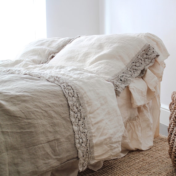 LINEN SHEETS Set With French LACE . 4 Pieces-upper Sheet