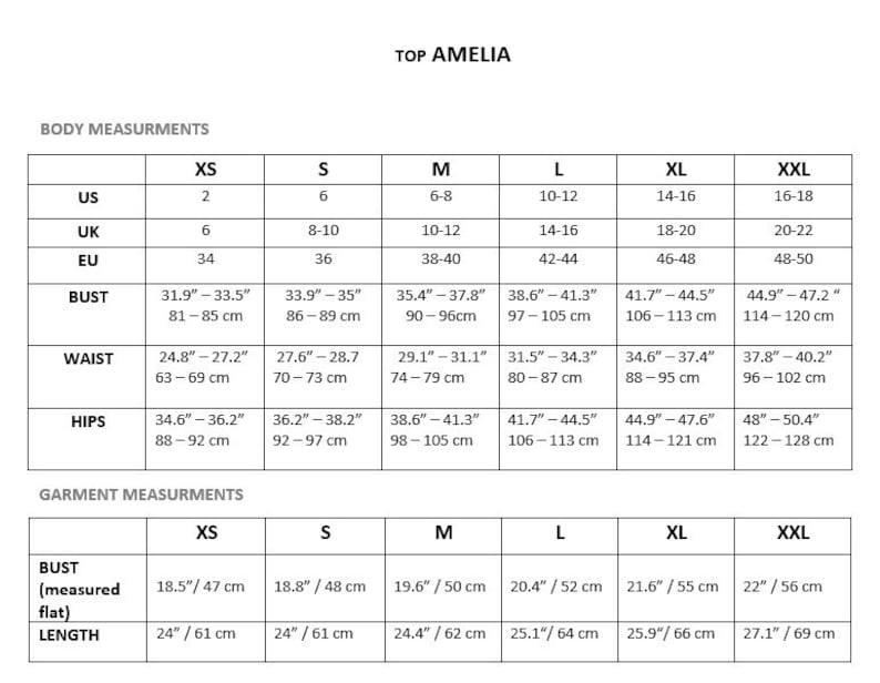 Puede incluir: Tabla de tallas para una parte superior con medidas en pulgadas y cent&iacute;metros para el busto, la cintura, las caderas y las medidas de la prenda. La tabla incluye las tallas XS, S, M, L, XL y XXL.