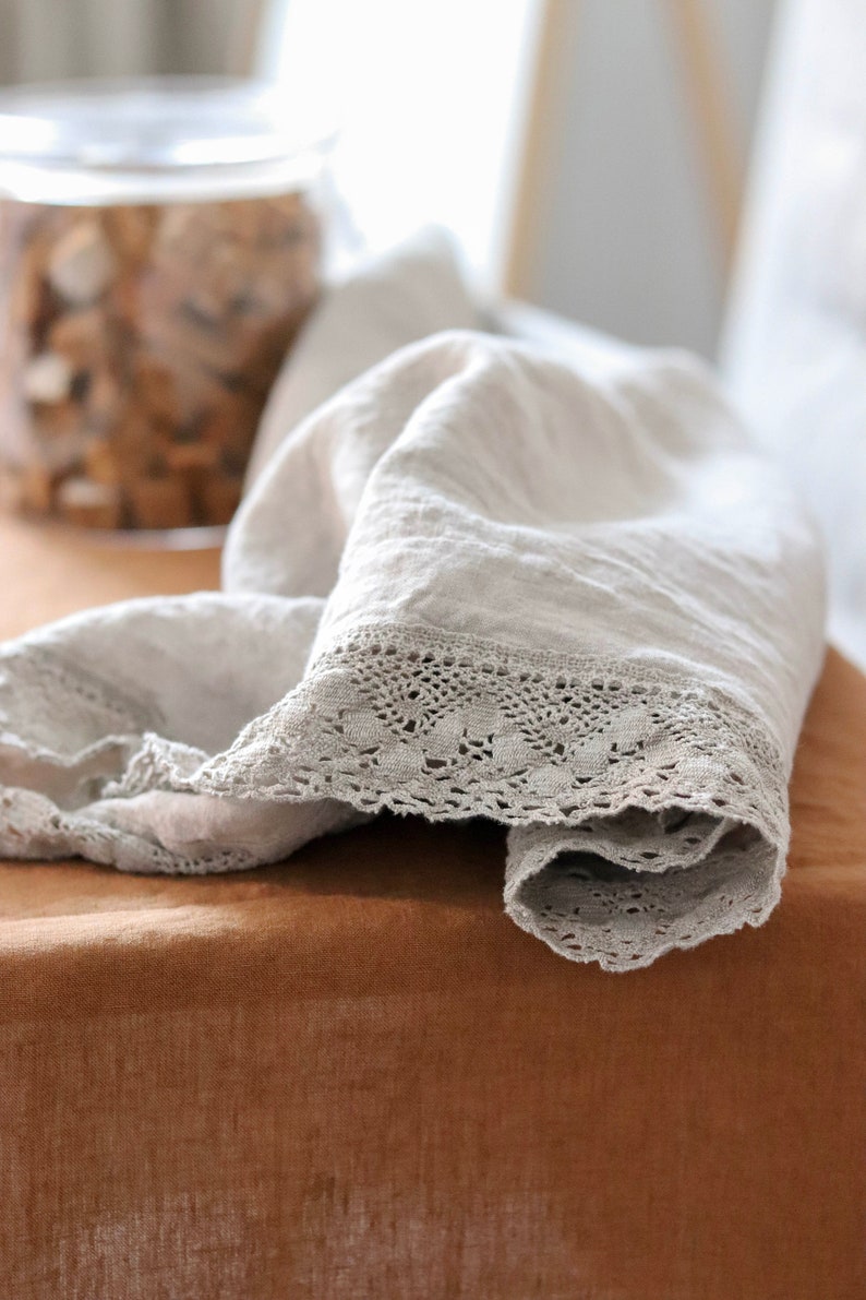 Linen tablecloth with lace. Round, square, rectangular table linens. Farmhouse Table Cloth,Rustic Table, Country Tablecloth, Natural linen image 2