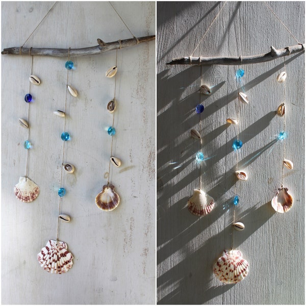 Indoor, Outdoor Shells &  Blue Crystal Sun Catcher Mobile. Driftwood Crystal Mobile. Window Decor mobile. Boho Crystal Mobile. Marine Mobile