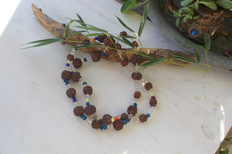 Handmade Ethnic-Tribal Necklace Boho Jewelry Rudraksha /& Glass India Necklace Yoga Jewelry