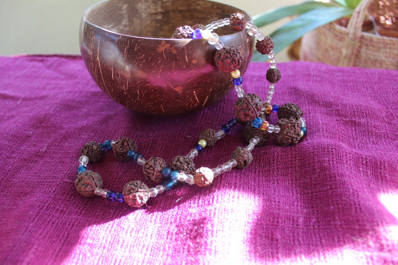 Handmade Ethnic-Tribal Necklace Boho Jewelry Rudraksha /& Glass India Necklace Yoga Jewelry