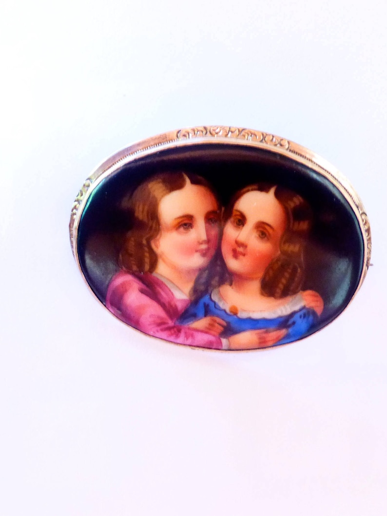Antique Victorian Circa 1880 Enamel On Porcelain Family Portrait Brooch