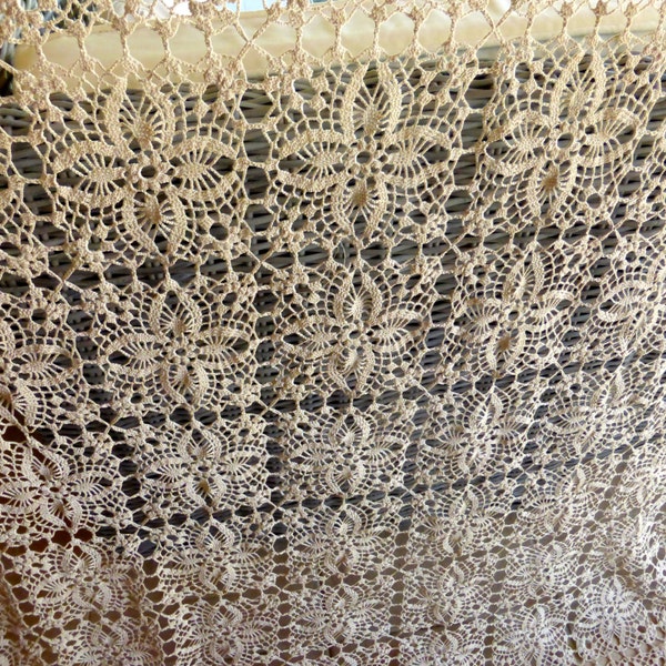 Beautiful Antique French Hand Worked Cotton Thread Crochet Lace Curtain Panel