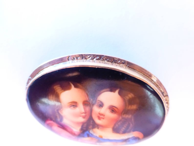 Antique Victorian Circa 1880 Enamel On Porcelain Family Portrait Brooch