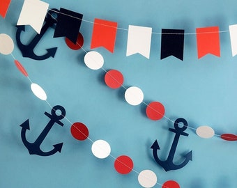 Nautical Theme Birthday Party Anchor Garland & Four of July pennant,  for Nautical Baby Shower Decor or Bachelorette Nautical Party Decor