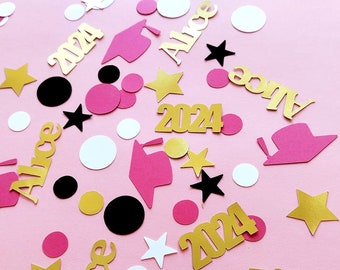 Pink Graduation Party Confetti, Custom Name and 2024 Graduation Pink Cap Confetti, Graduation decor,  Class of 2024 College Graduation