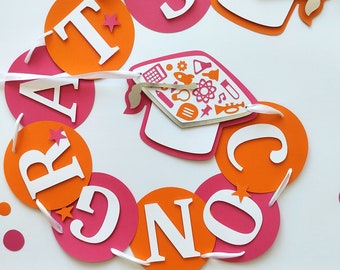 Orange Pink and White Graduation Banner Party Decorations, Custom Name Congrats Banner, Class of 2024 Graduation