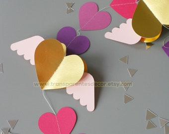 Valentines Day, Valentines Day decor, Valentine garland, Pink Gold Heart Banner, Winged Heart, Paper heart garland, Nursery decor, KCO20-005