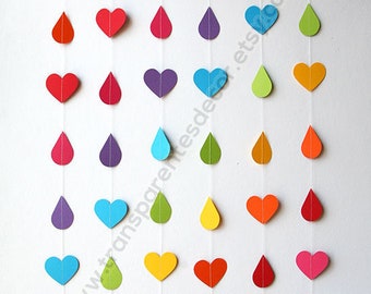 Rainbow Raindrop and Heart Garland Nursery Rainbow Decor Paper raindrops Raindrop Baby Shower Nursery Wall Decoration Rainbow Baby Shower