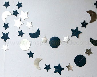 Silver and Blue Moon and Stars garland I Love you to the Moon and Back Decorations Nursery Wall Decor Paper garland, Gift Favor