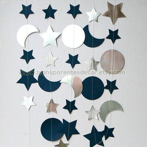 Silver and Blue Moon and Stars garland I Love you to the Moon and Back Decorations Nursery Wall Decor Paper garland, Gift Favor image 2