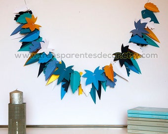 Boy's room wall decor, Blue Teal White garland, Blue White Gold Garland, Blue Teal Leaf garland, Wedding decorations, Hanukkah decor KH-5310