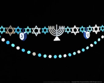 Silver blue Hanukkah Decor, Chanukah Decoration, Blue Star of David Garland, Silver Menorah Bunting, Hanukkah garland, Dreidel Ornaments