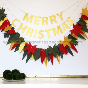Christmas Garland, Green Red Gold garland, Christmas decorations, Leaf garland, Antique Gold decor, Christmas decor, Green Red Leaf, KH-5311 image 1