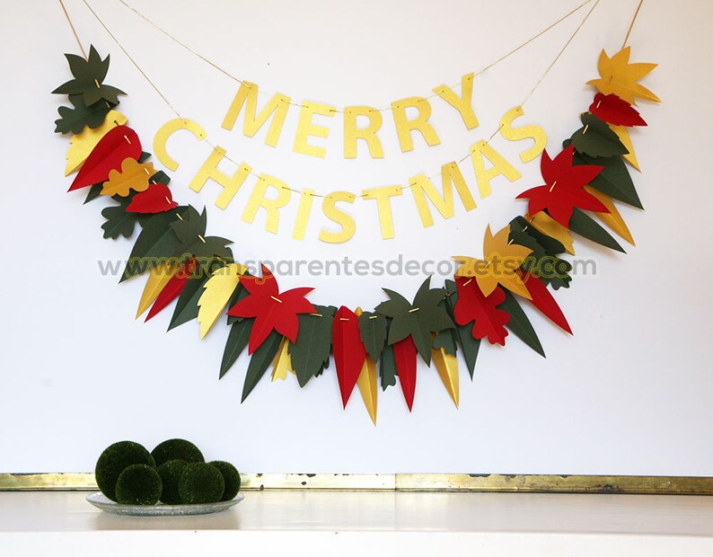 Green Red Gold garland, Christmas decorations, Christmas Garland, Leaf garland, Antique Gold decor, Christmas decor, Green Red Leaf, KH-5311 image 1