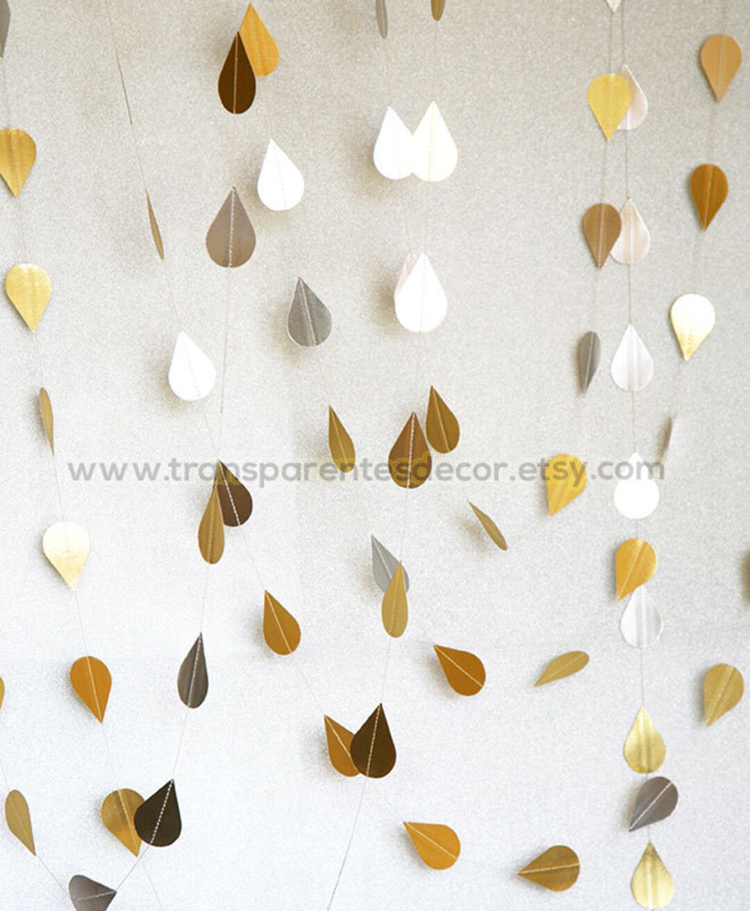 Raindrop Garland, 5 Strand's Set, Gold Baby Shower, Raindrop Paper