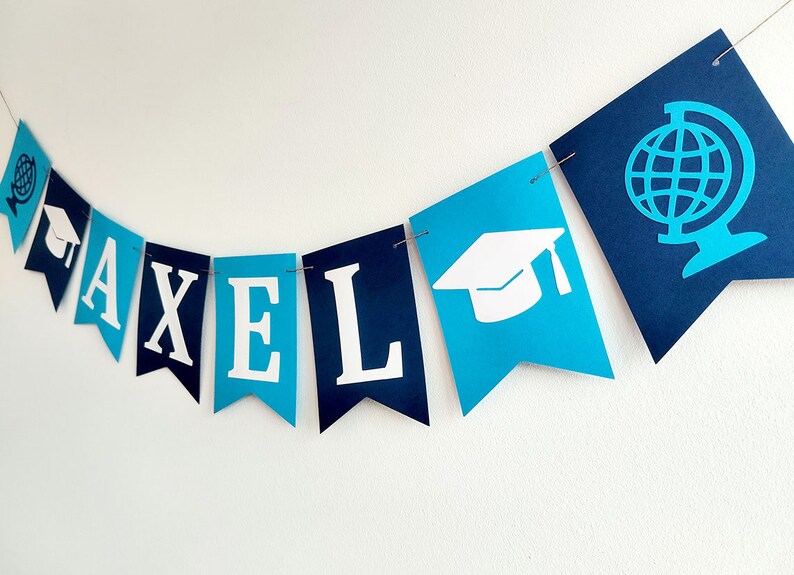 Blue graduation banner custom name.