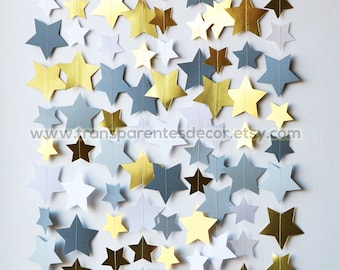 New Year's Eve Backdrop, Grey Gold Star Garland, Christmas Decorations, Nursery Decor, Baby shower decor, Birthday Party Backdrop