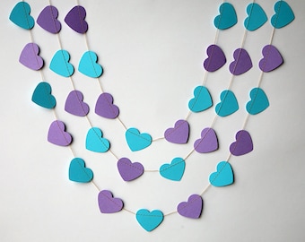 Heart garland, Valentines day decor,Valentine decor, purple teal blue heart garland, Peacock wedding, Paper garland, baby shower, KCO-3040