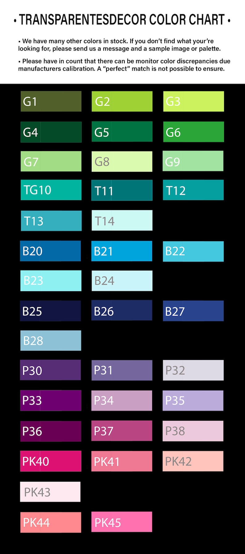 TransparentesDecor Color ChartPart 1