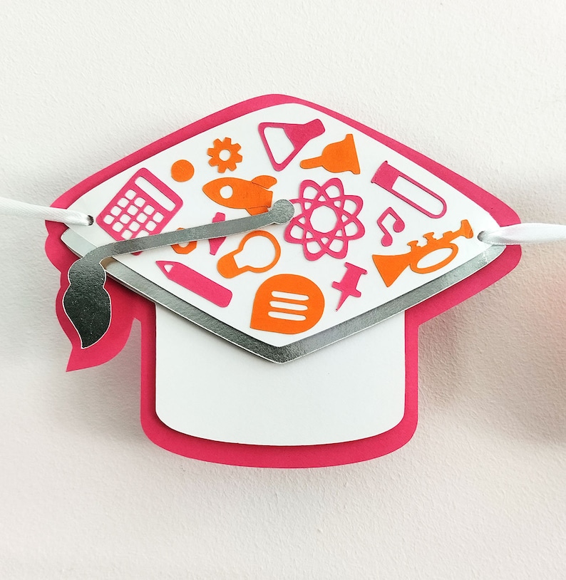 Graduation Cap with Student Class details in pink, orange and white