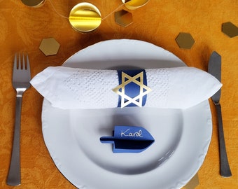 3D Dreidel Place Cards | Hanukkah Napkin Rings with Dreidel, Lion of Judah, Star of David, and Menorah |  Table Décor | Confetti & Garlands