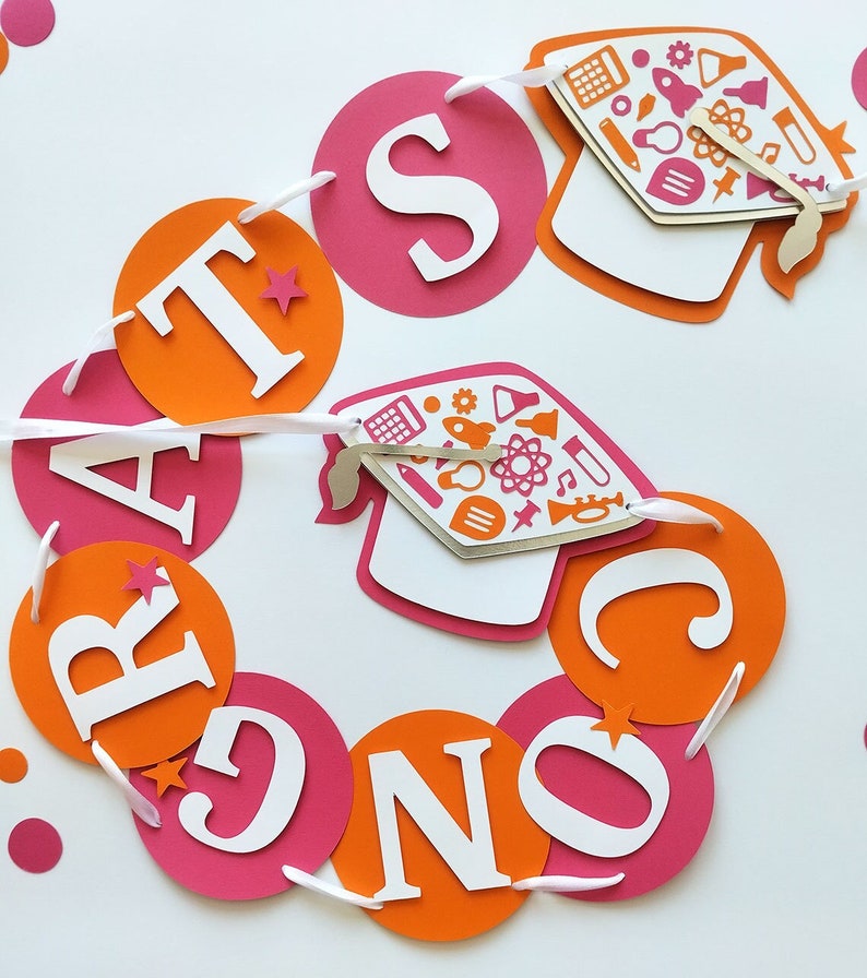 Orange Pink and White Graduation Banner Party Decorations, Custom Name Congrats Banner, Personalizable Class of 2024 Graduation image 1