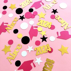 Celebrate your graduation party tossing this pink and gold confetti. Personalize your name.