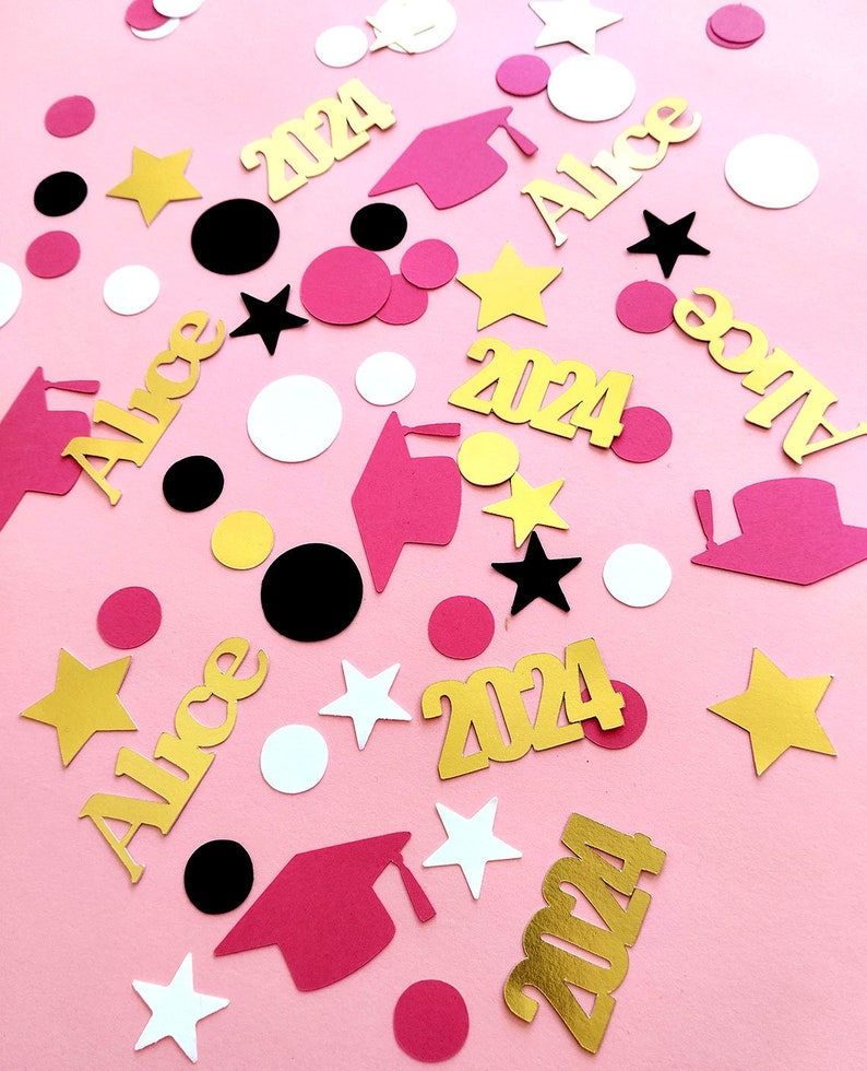 Celebrate your graduation party tossing this pink and gold confetti. Personalize your name.