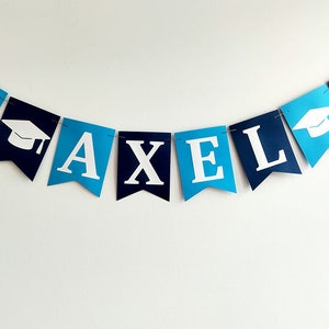 Blue graduation party banner hanging from a twine on a white wall.