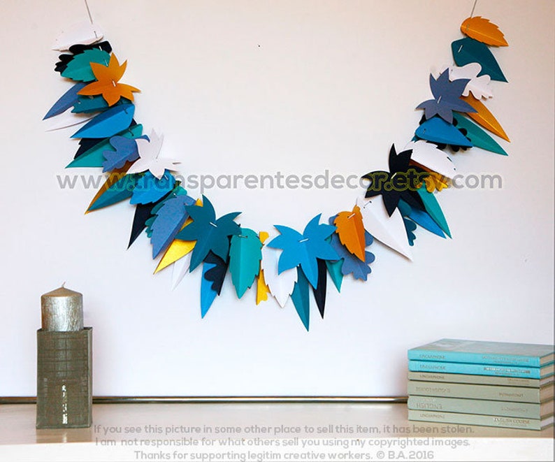 Boy's room wall decor, Blue Teal White garland, Blue White Gold Garland, Blue Teal Leaf garland, Wedding decorations, Hanukkah decor KH-5310 image 1