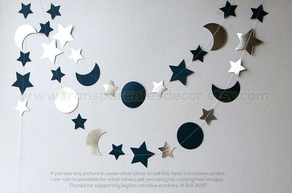 Silver and Blue Moon and Stars garland, I Love you to the Moon and Back Decorations, Nursery Wall Decor, Paper garland, Christmas Gift Favor Il_570xn