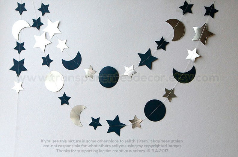 Silver and Blue Moon and Stars garland I Love you to the Moon and Back Decorations Nursery Wall Decor Paper garland, Gift Favor image 1