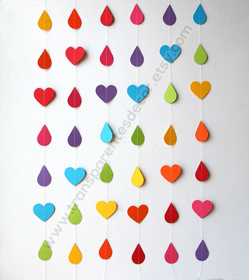 Rainbow Raindrop and Heart Garland Nursery Rainbow Decor Paper raindrops Raindrop Baby Shower Nursery Wall Decoration Rainbow Baby Shower image 1