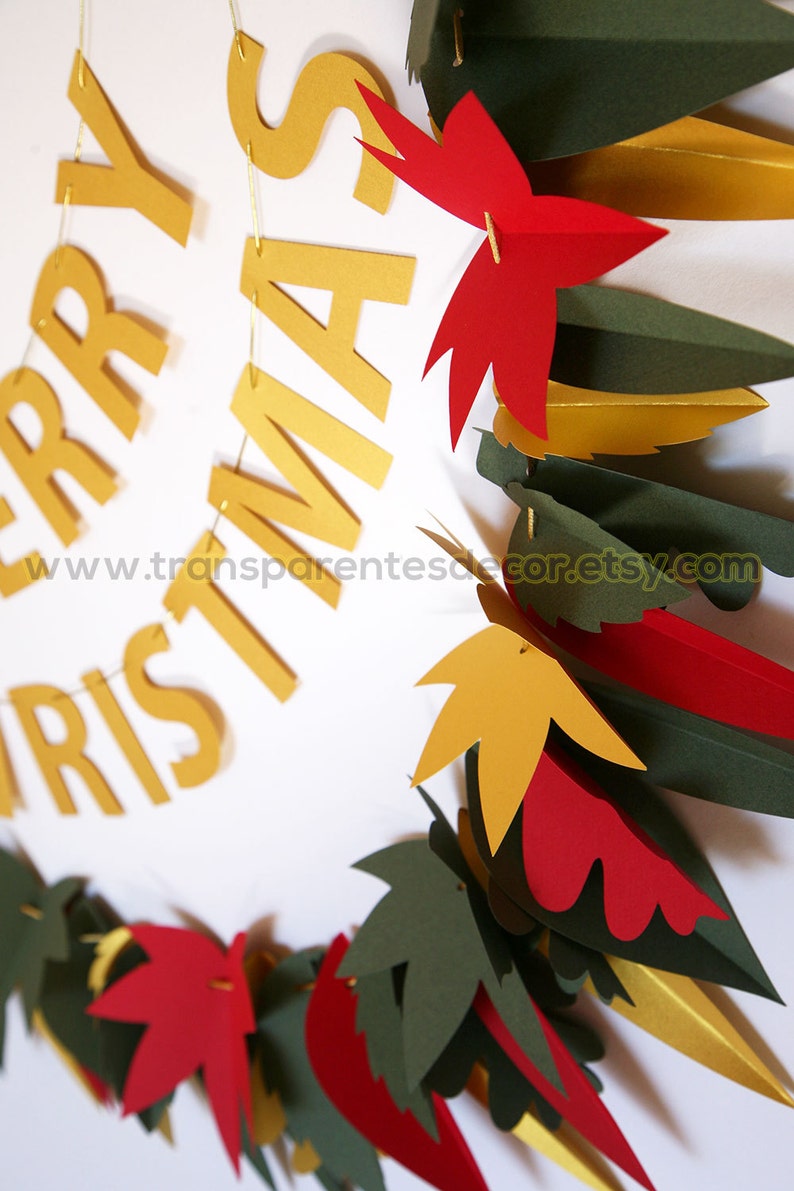 Green Red Gold garland, Christmas decorations, Christmas Garland, Leaf garland, Antique Gold decor, Christmas decor, Green Red Leaf, KH-5311 image 2
