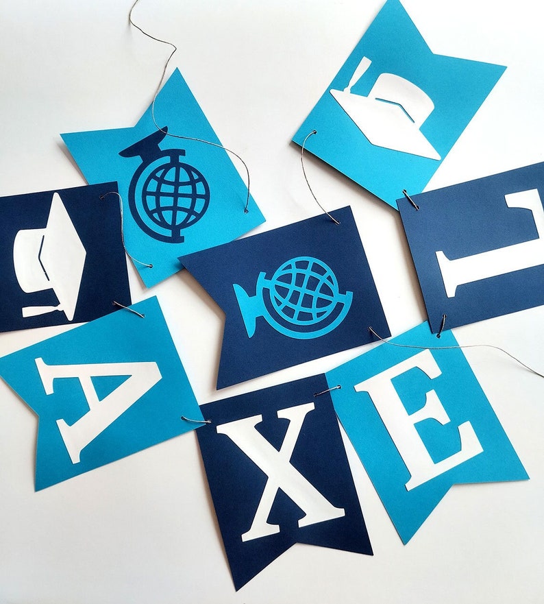 Blue and navy blue graduation banner with white graduation cap and a globe symbol.