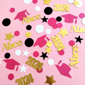 Graduation confetti with pink cap and gold name and 2024.