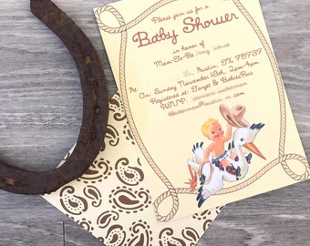 Convite personalizado Cowboy Li'l Roper Cowboy Stork Vintage Retro Aniversário Chá de fraldas