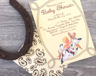 Custom Cowboy Li'l Roper Cowboy Stork Vintage Retro Birthday Baby Shower invitation